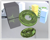 Caustics created by light refracted on glass torus and reflected on real mirror